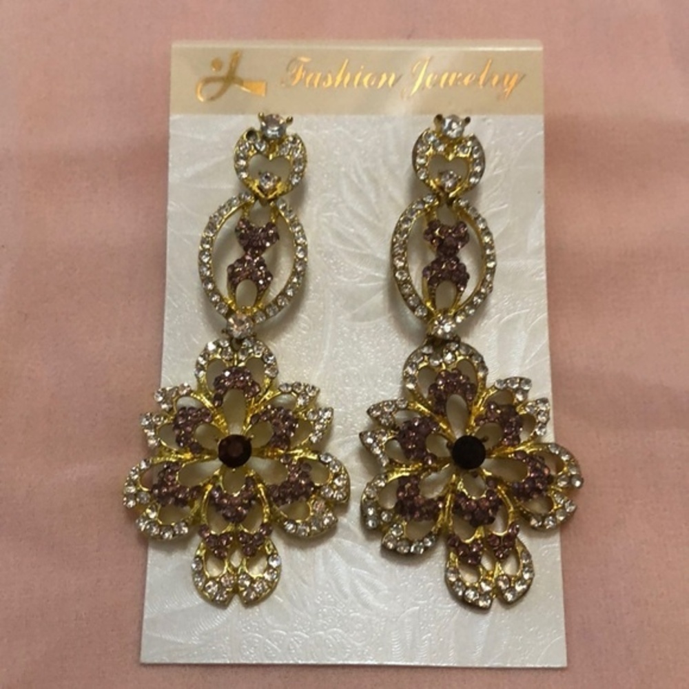 Brand New Unused Burgundy Silver Gold Prom Pageant Rhinestone Dangling Earrings